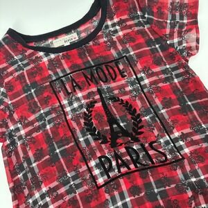 Derek La Mode‎ Paris Eiffel Tower Plaid Sheer Mesh Top Blouse Size L Layering